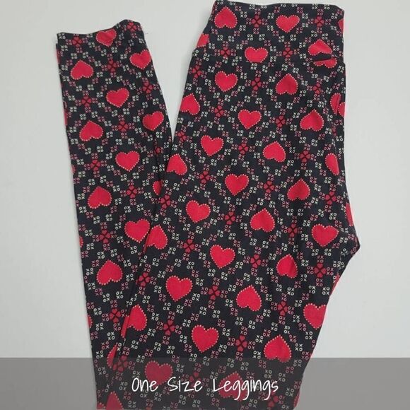 LuLaRoe OS Valentines Leggings Hearts Black Red NEW - Picture 1 of 1